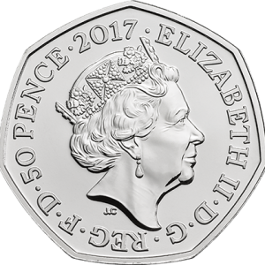 An image of the obverse side of the Jeremy Fisher coin, featuring the fifth definitive portrait of HM Queen Elizabeth II