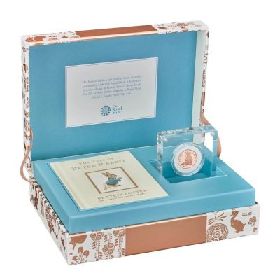 Image of gift set containing gold Peter Rabbit 2018 UK 50p coin and book