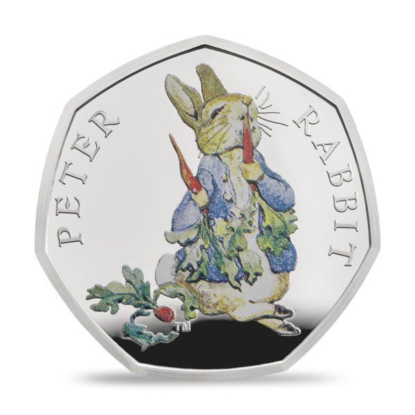 Image of Peter Rabbit 2018 UK 50p Silver Proof coin with colour printing