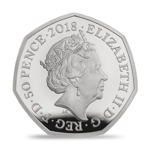 Image of obverse side of Peter Rabbit coin featuring the fifth definitive portrait of HM Queen Elizabeth II