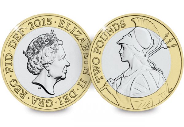 Image of reverse and obverse side of Britannia 2015 2 pound coin