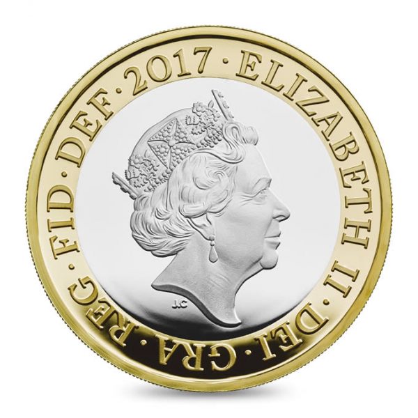 Image of obverse side of First World War Aviation 2 pound coin featuring a portrait of HM Elizabeth II