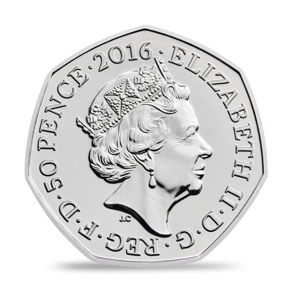 Image of obverse side of Mrs. Tiggy-Winkle 2016 50p coin featuring the fifth definitive portrait of HM Queen Elizabeth II